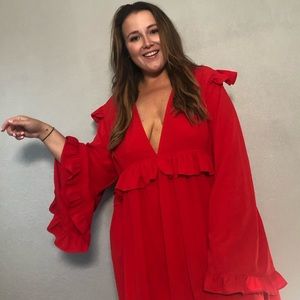 Red plunge curve and plus dress